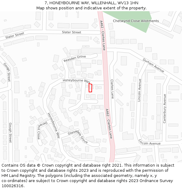 7, HONEYBOURNE WAY, WILLENHALL, WV13 1HN: Location map and indicative extent of plot