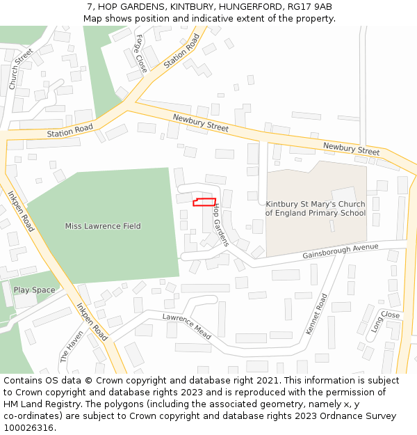 7, HOP GARDENS, KINTBURY, HUNGERFORD, RG17 9AB: Location map and indicative extent of plot