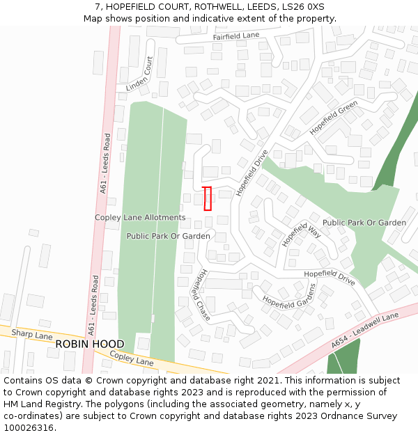 7, HOPEFIELD COURT, ROTHWELL, LEEDS, LS26 0XS: Location map and indicative extent of plot