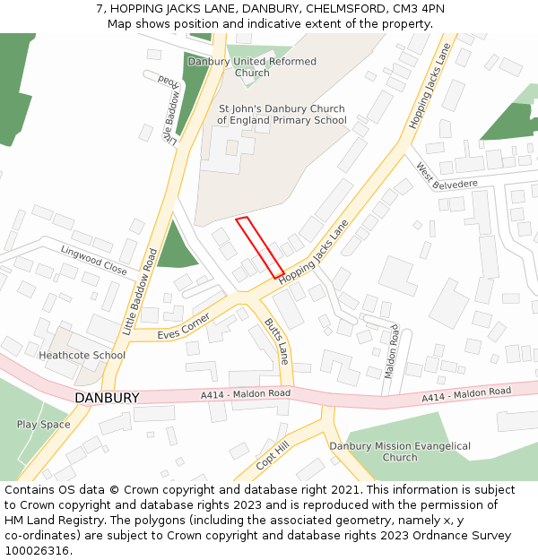 7, HOPPING JACKS LANE, DANBURY, CHELMSFORD, CM3 4PN: Location map and indicative extent of plot