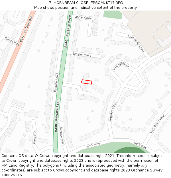 7, HORNBEAM CLOSE, EPSOM, KT17 3FG: Location map and indicative extent of plot