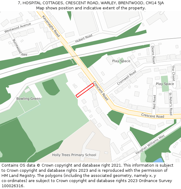 7, HOSPITAL COTTAGES, CRESCENT ROAD, WARLEY, BRENTWOOD, CM14 5JA: Location map and indicative extent of plot