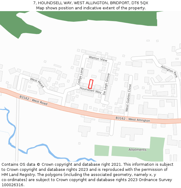 7, HOUNDSELL WAY, WEST ALLINGTON, BRIDPORT, DT6 5QX: Location map and indicative extent of plot