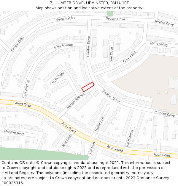 7, HUMBER DRIVE, UPMINSTER, RM14 1PT: Location map and indicative extent of plot