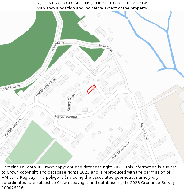 7, HUNTINGDON GARDENS, CHRISTCHURCH, BH23 2TW: Location map and indicative extent of plot