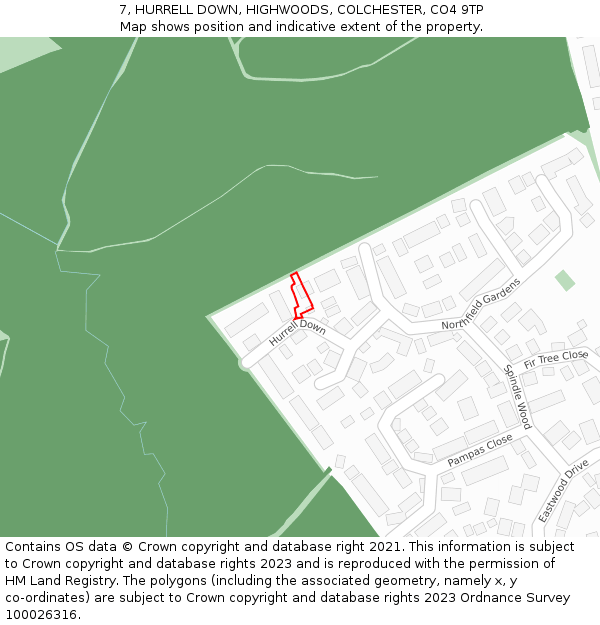 7, HURRELL DOWN, HIGHWOODS, COLCHESTER, CO4 9TP: Location map and indicative extent of plot