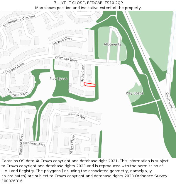 7, HYTHE CLOSE, REDCAR, TS10 2QP: Location map and indicative extent of plot