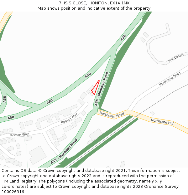 7, ISIS CLOSE, HONITON, EX14 1NX: Location map and indicative extent of plot