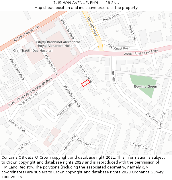 7, ISLWYN AVENUE, RHYL, LL18 3NU: Location map and indicative extent of plot