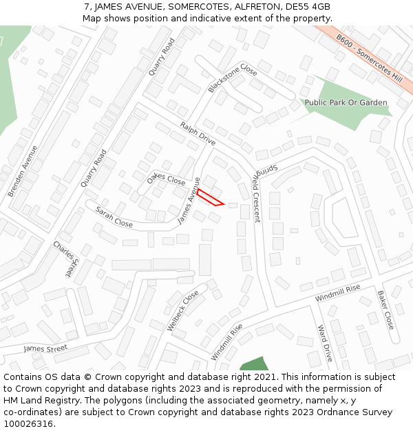 7, JAMES AVENUE, SOMERCOTES, ALFRETON, DE55 4GB: Location map and indicative extent of plot