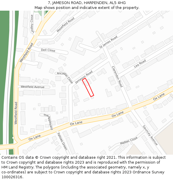 7, JAMESON ROAD, HARPENDEN, AL5 4HG: Location map and indicative extent of plot