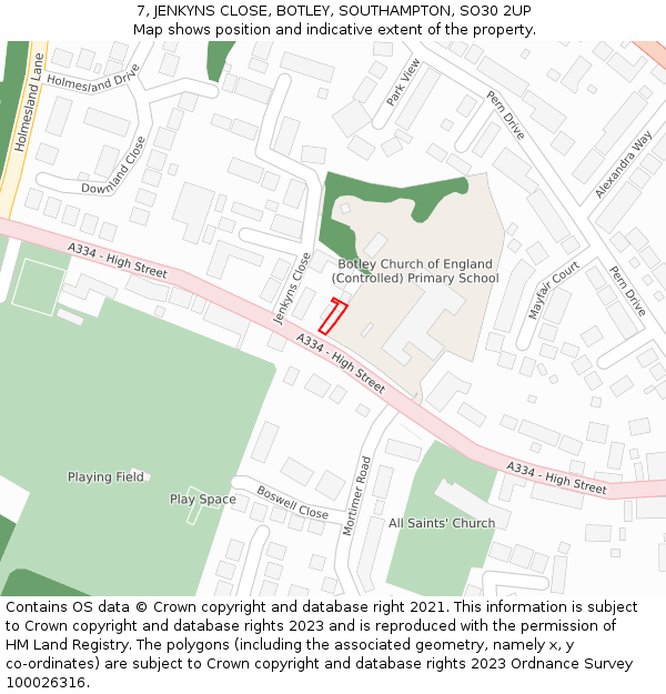 7, JENKYNS CLOSE, BOTLEY, SOUTHAMPTON, SO30 2UP: Location map and indicative extent of plot