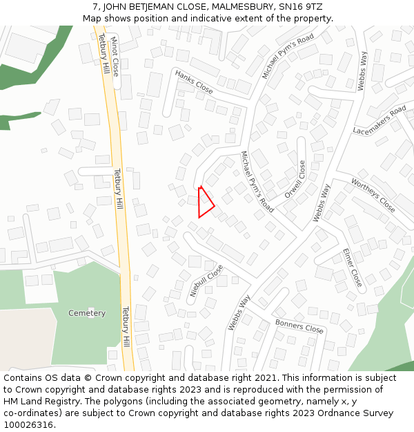 7, JOHN BETJEMAN CLOSE, MALMESBURY, SN16 9TZ: Location map and indicative extent of plot