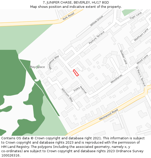 7, JUNIPER CHASE, BEVERLEY, HU17 8GD: Location map and indicative extent of plot