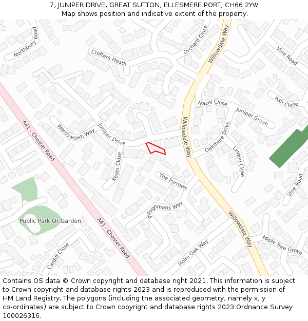 7, JUNIPER DRIVE, GREAT SUTTON, ELLESMERE PORT, CH66 2YW: Location map and indicative extent of plot