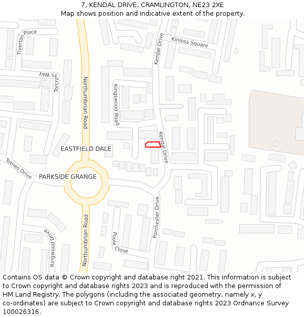 7, KENDAL DRIVE, CRAMLINGTON, NE23 2XE: Location map and indicative extent of plot