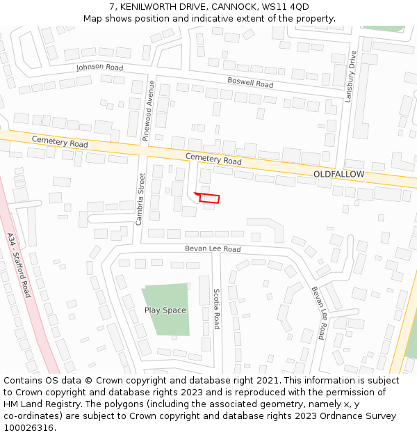 7, KENILWORTH DRIVE, CANNOCK, WS11 4QD: Location map and indicative extent of plot