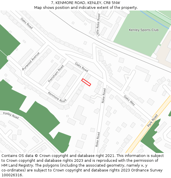 7, KENMORE ROAD, KENLEY, CR8 5NW: Location map and indicative extent of plot