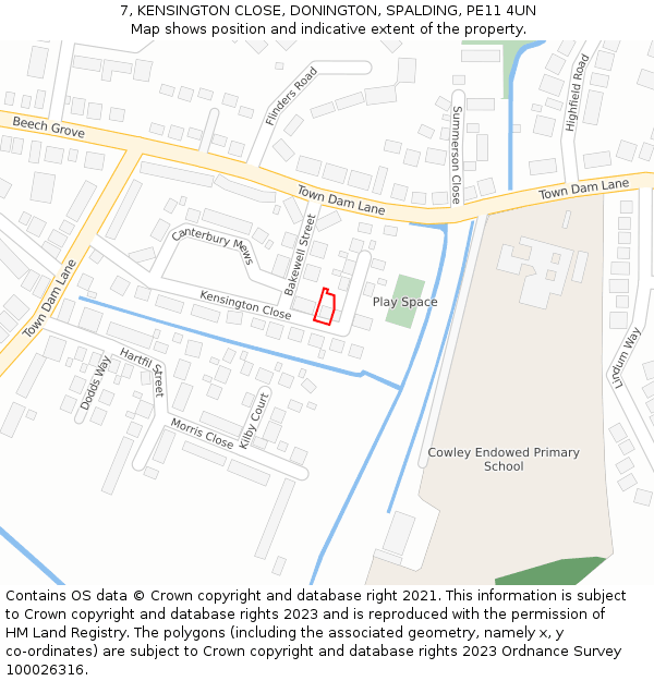 7, KENSINGTON CLOSE, DONINGTON, SPALDING, PE11 4UN: Location map and indicative extent of plot