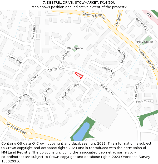 7, KESTREL DRIVE, STOWMARKET, IP14 5QU: Location map and indicative extent of plot