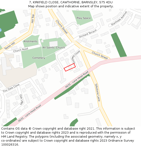 7, KIRKFIELD CLOSE, CAWTHORNE, BARNSLEY, S75 4DU: Location map and indicative extent of plot