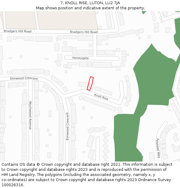 7, KNOLL RISE, LUTON, LU2 7JA: Location map and indicative extent of plot