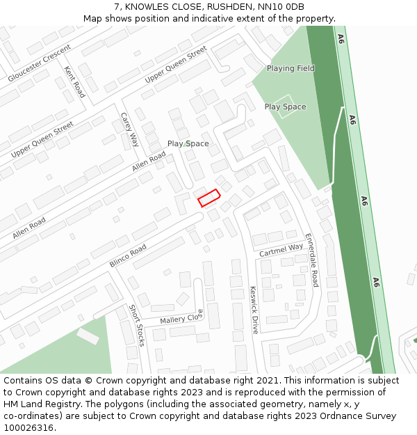 7, KNOWLES CLOSE, RUSHDEN, NN10 0DB: Location map and indicative extent of plot