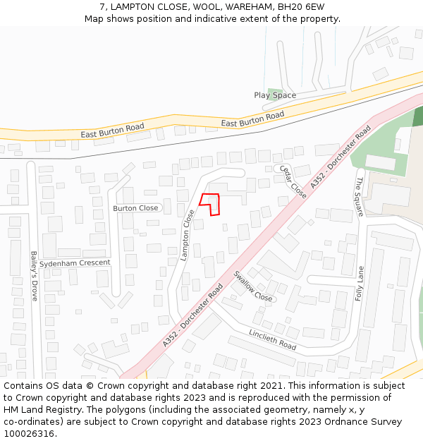 7, LAMPTON CLOSE, WOOL, WAREHAM, BH20 6EW: Location map and indicative extent of plot