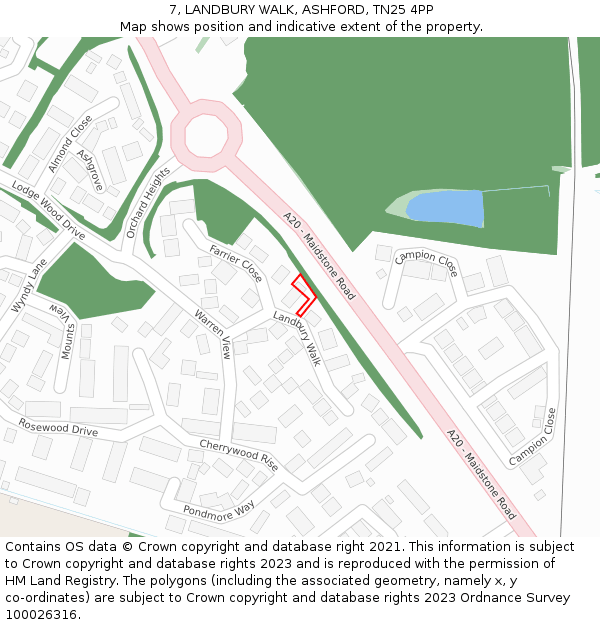 7, LANDBURY WALK, ASHFORD, TN25 4PP: Location map and indicative extent of plot