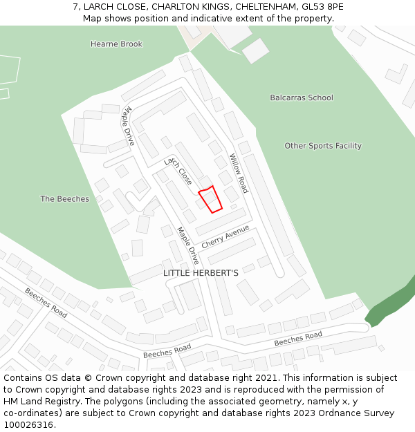 7, LARCH CLOSE, CHARLTON KINGS, CHELTENHAM, GL53 8PE: Location map and indicative extent of plot