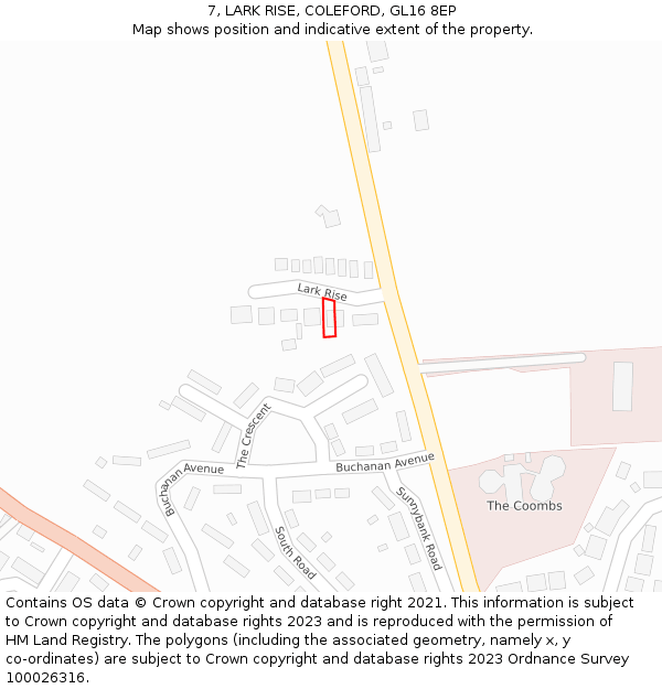 7, LARK RISE, COLEFORD, GL16 8EP: Location map and indicative extent of plot