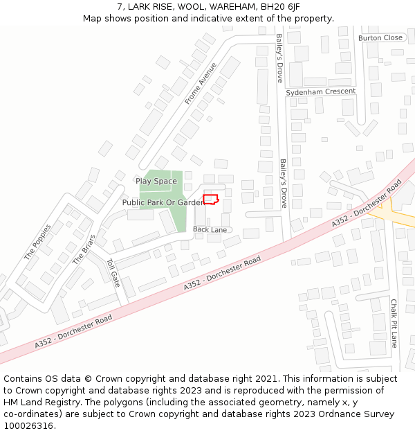 7, LARK RISE, WOOL, WAREHAM, BH20 6JF: Location map and indicative extent of plot