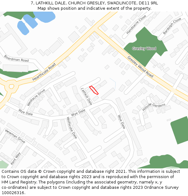 7, LATHKILL DALE, CHURCH GRESLEY, SWADLINCOTE, DE11 9RL: Location map and indicative extent of plot