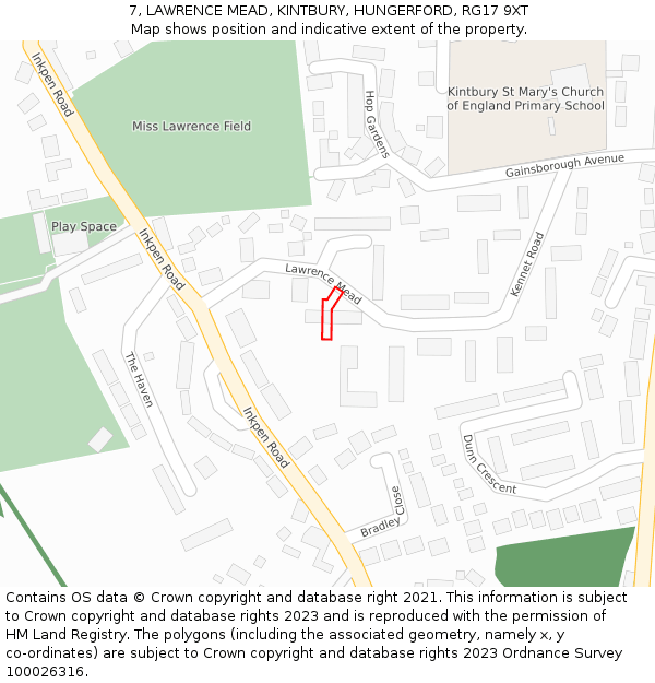 7, LAWRENCE MEAD, KINTBURY, HUNGERFORD, RG17 9XT: Location map and indicative extent of plot