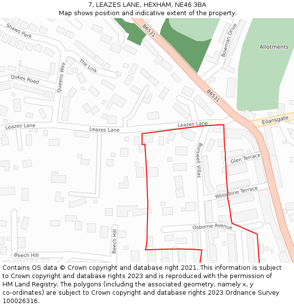 7, LEAZES LANE, HEXHAM, NE46 3BA: Location map and indicative extent of plot