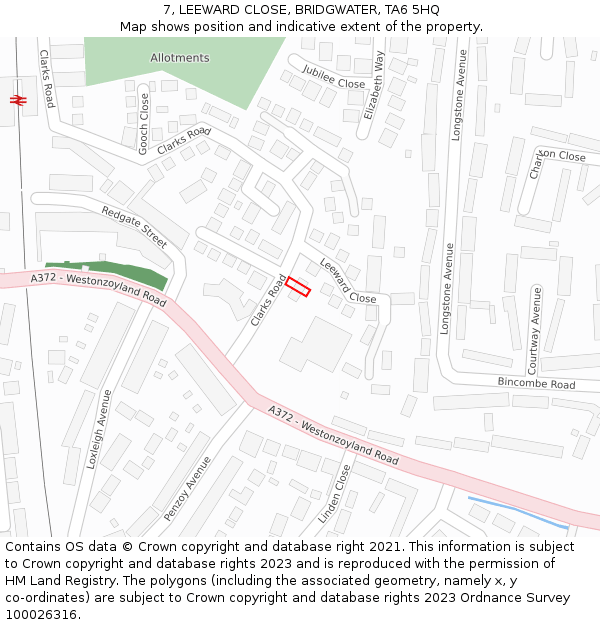 7, LEEWARD CLOSE, BRIDGWATER, TA6 5HQ: Location map and indicative extent of plot