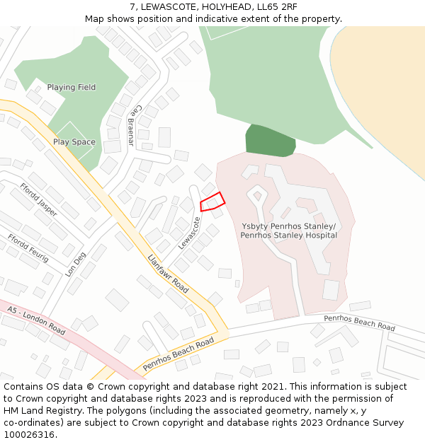 7, LEWASCOTE, HOLYHEAD, LL65 2RF: Location map and indicative extent of plot