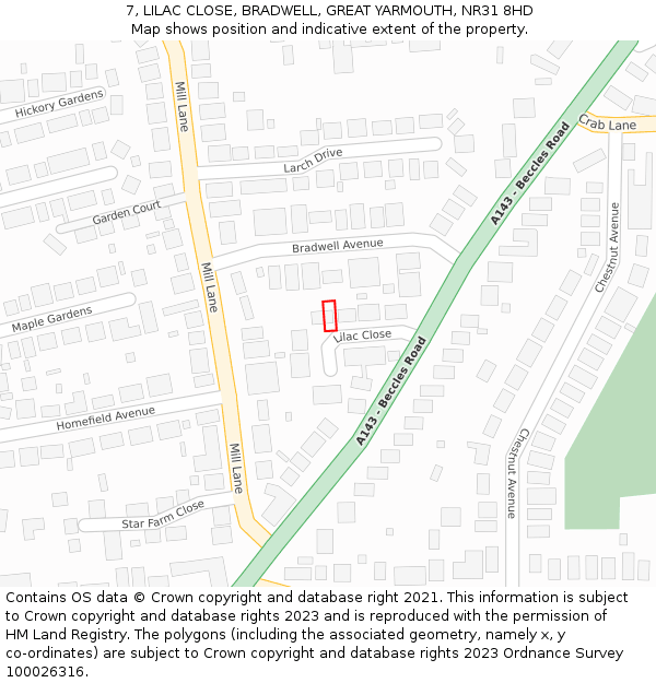 7, LILAC CLOSE, BRADWELL, GREAT YARMOUTH, NR31 8HD: Location map and indicative extent of plot