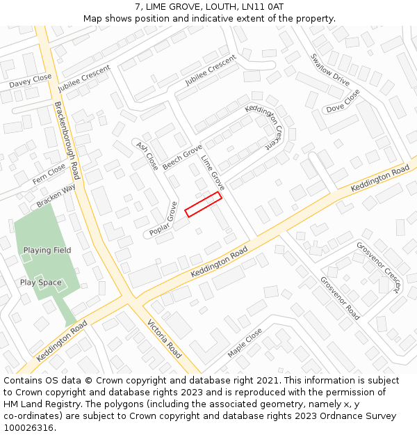 7, LIME GROVE, LOUTH, LN11 0AT: Location map and indicative extent of plot