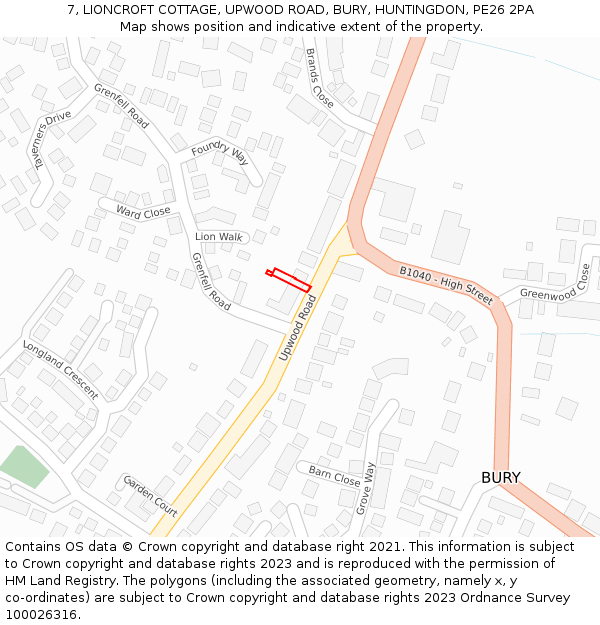 7, LIONCROFT COTTAGE, UPWOOD ROAD, BURY, HUNTINGDON, PE26 2PA: Location map and indicative extent of plot