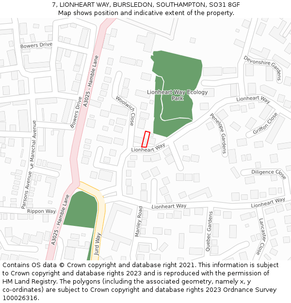 7, LIONHEART WAY, BURSLEDON, SOUTHAMPTON, SO31 8GF: Location map and indicative extent of plot