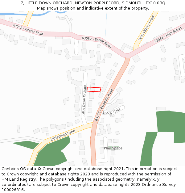 7, LITTLE DOWN ORCHARD, NEWTON POPPLEFORD, SIDMOUTH, EX10 0BQ: Location map and indicative extent of plot