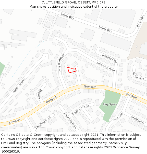 7, LITTLEFIELD GROVE, OSSETT, WF5 0PS: Location map and indicative extent of plot