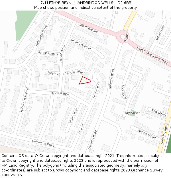 7, LLETHYR BRYN, LLANDRINDOD WELLS, LD1 6BB: Location map and indicative extent of plot