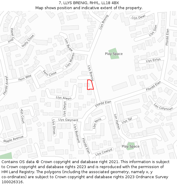 7, LLYS BRENIG, RHYL, LL18 4BX: Location map and indicative extent of plot