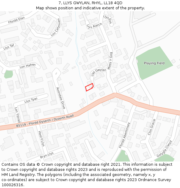 7, LLYS GWYLAN, RHYL, LL18 4QD: Location map and indicative extent of plot