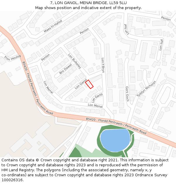 7, LON GANOL, MENAI BRIDGE, LL59 5LU: Location map and indicative extent of plot