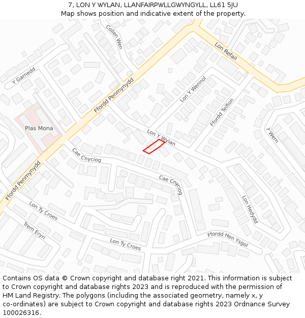 7, LON Y WYLAN, LLANFAIRPWLLGWYNGYLL, LL61 5JU: Location map and indicative extent of plot