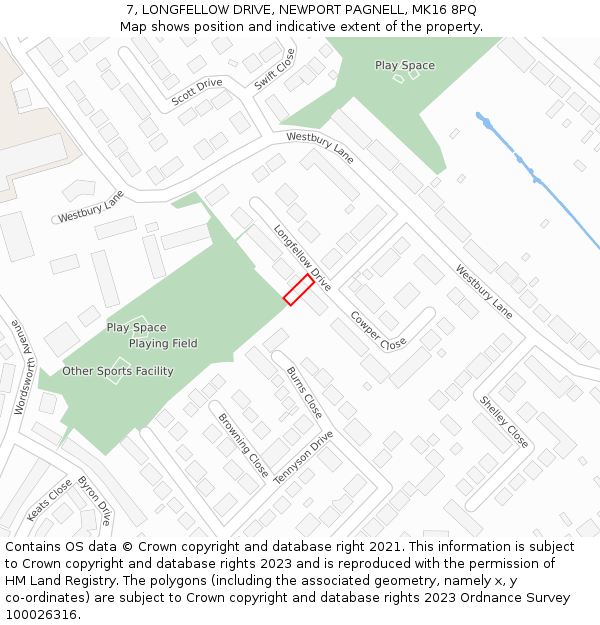 7, LONGFELLOW DRIVE, NEWPORT PAGNELL, MK16 8PQ: Location map and indicative extent of plot