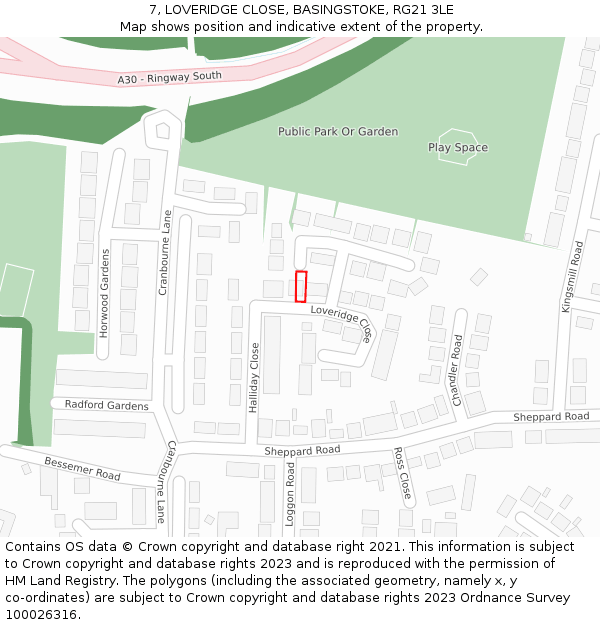 7, LOVERIDGE CLOSE, BASINGSTOKE, RG21 3LE: Location map and indicative extent of plot